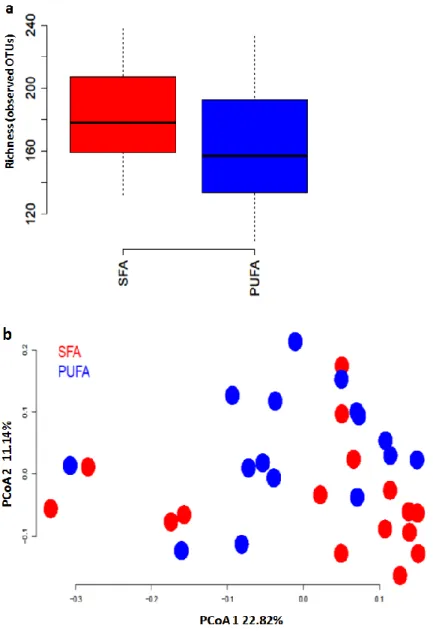 Figure 8 Effect of diet intervention on gut microbiome richness (α-diversity) and β-diversity  32 7-week-old Sprague Dawley male rats were randomized to two diet groups: SFA diet group  (n=16) and PUFA diet group (n=16) for 36 days