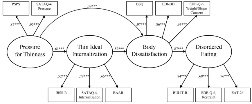Figure 2. Standardized path coefficients and factor loadings for the traditional sociocultural model of disordered eating structural  model