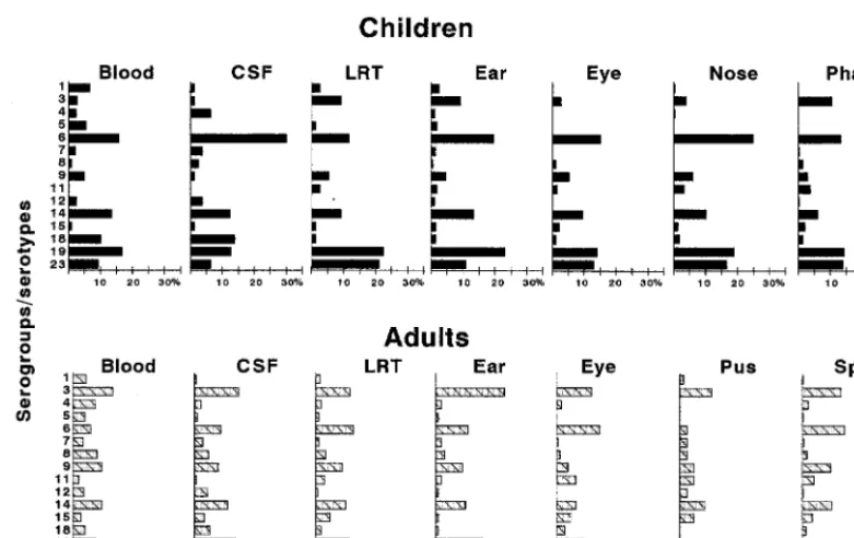 FIG. 2. Distribution of the 15 most-common pneumococcal SGTs from different specimen sources in children and adults in Spain from 1990 to 1996.
