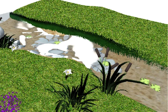 Figure 3.10: Real-time sounds are automatically generated from an interactive simulation of a creek flowing through a meadow.