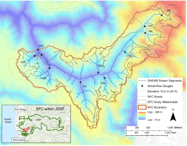 Figure 3.2: SFC Road Locations Map. Map of the South Fork Caspar Creek, including stream segments, roads and location within Jackson Demonstration State Forest.