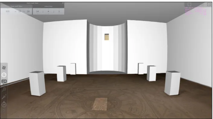 Figure 10. Beth Alpha model with render of mosaic floor. The synagogue was oriented to catch  the light of the sun through a proposed apsidal window