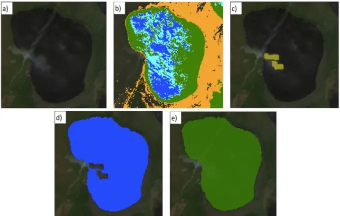 Figure 4. Representation of our surface area classifications over Great Lake in Eastern North  Carolina taken on January 19 th , 2017: a) Landsat satellite image; b) DSWE classifications with  high probability of water (blue), moderate probability of water