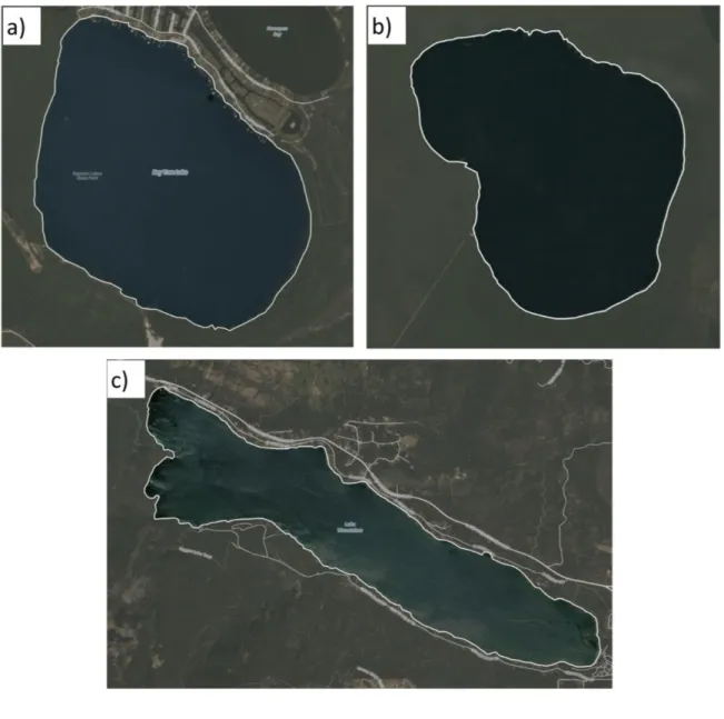 Figure 5. Examples of lake surface area validation and Planet imagery in a) a simple case, Bay  Tree Lake on July 21 st , 2017, b) a complicated case with inundated vegetation, Great Lake on  October 2 nd , 2017, and c) a complicated case with topographic 