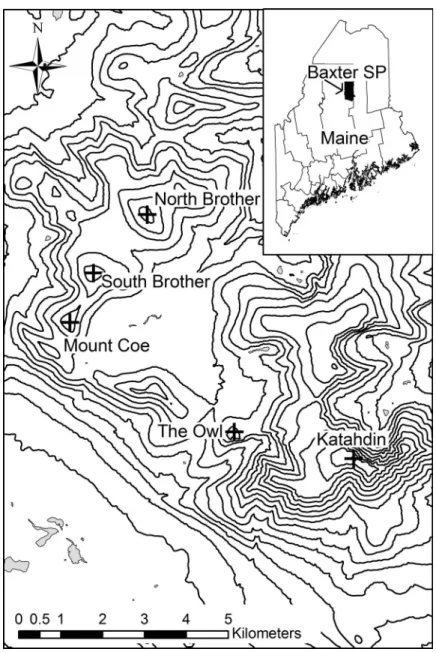 Figure 1.  The ﬁve study mountains in the southern portion of Baxter State  Park, Maine