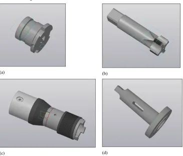 Fig. 8. Chuck holder components: a – adapter for tap, b – tap, c – chuck body, d – shank