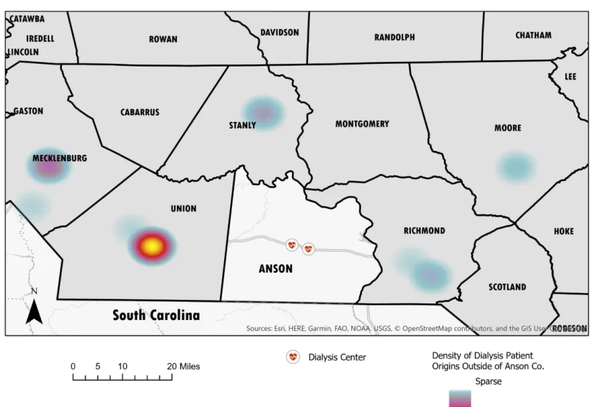 Figure 4. Inter-County Trips to Dialysis provided by Community Transportation in Anson County, NC in 2019 (n=40) 
