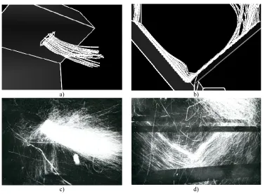 Fig. 7. Comparison of calculation and experimental paths of particles movement in LTV furnace of boiler burner jet in initial area; b), d) (visualization of flows by means of burning sawdust moistened in keroseneБКЗ-210-140ф: а), b) – Calculation paths of particles; c), d) – Experimental paths of particles ; а), c) – Development of – Movement in bottom vortex zone of LTV furnace 