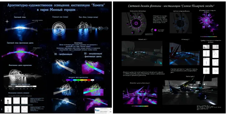 Fig. 2. Blue water reflection and glow, special direction blue light in educational light installation and fountain, in “genius loci” context, op-art and psychology identity