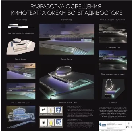 Fig. 3. Methods of light modeling – blue glow, light structuring of volume in unique architectural object