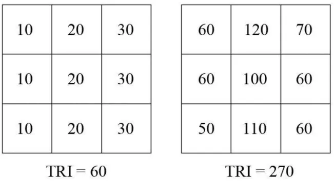 Figure 1: Two Examples of TRI Calculation (all units in meters above sea level)