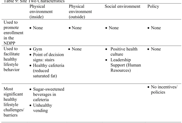 Table 9: Site Two Characteristics   Physical  environment  (inside)  Physical  environment (outside) 