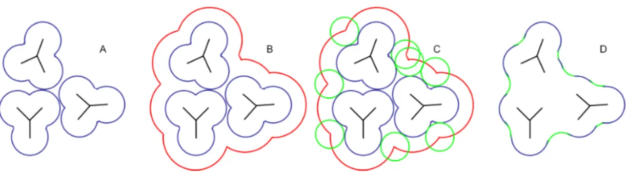 Figure 2.14: Solvent-Accessible Surfaces. (a) The molecular surface for three groups of atoms