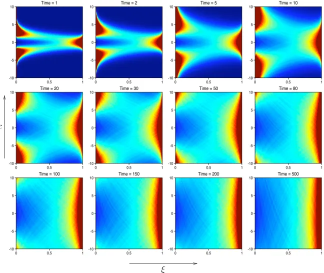 Figure 2.12: The Long Time Dynamics of P x,t (ξ): from Ribbons to Stripes.