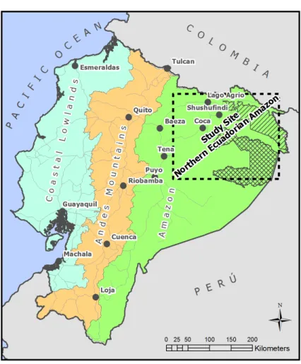 Figure	  1:	  Ecuador's	  regions	  and	  the	  study	  site.	  