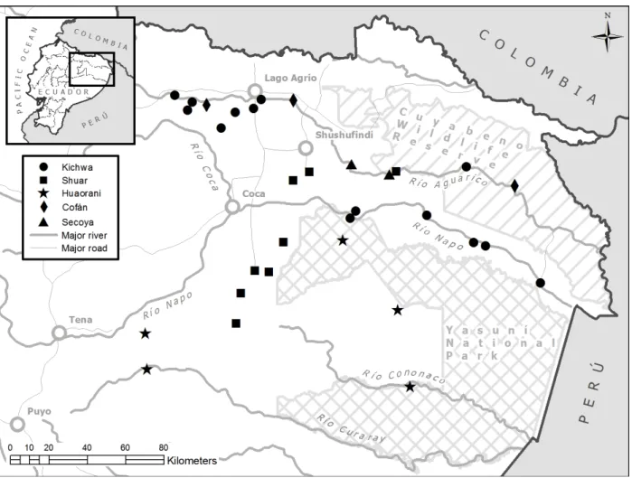 Figure	  2:	  Indigenous	  communities	  of	  the	  Northern	  Ecuadorian	  Amazon	  included	  in	  the	  study.	  