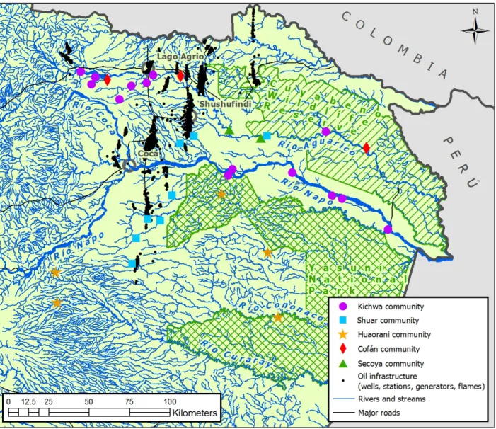 Figure	  3:	  Indigenous	  communities,	  oil	  extraction,	  and	  rivers	  of	  the	  Northern	  Ecuadorian	  Amazon.	  