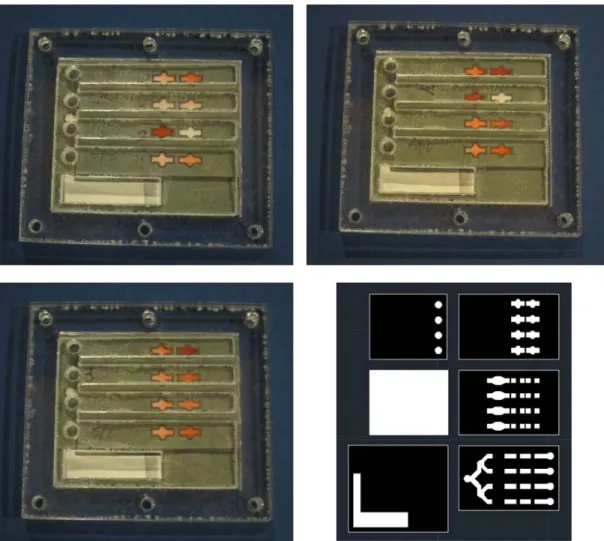 Figure 43: Development Time Results for Membrane Design 2 in Housing Design 1. Chip 1 (top  left), Chip 2 (top right), Chip 3 (bottom left), and AutoCAD template for the chip layers (bottom 