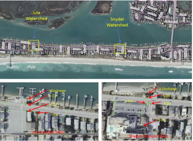 Figure 2. Map of the locations of the Snyder St. and Iula St. watersheds on Wrightsville  Beach and sampling points along each of the storm drains