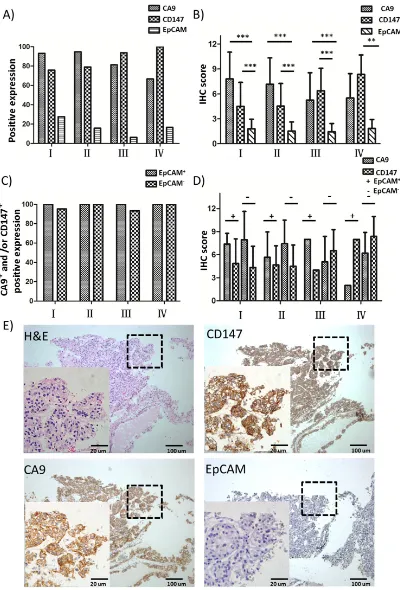 Figure 1: IHC analysis of EpCAM, CA9 and CD147 expression in RCC patient cohort. A. Positive expression percentages of EpCAM, CA9 and CD147 in RCC patient samples of different clinical stages by IHC analysis (I, n=29; II, n=19; III, n=16; IV, n=6)