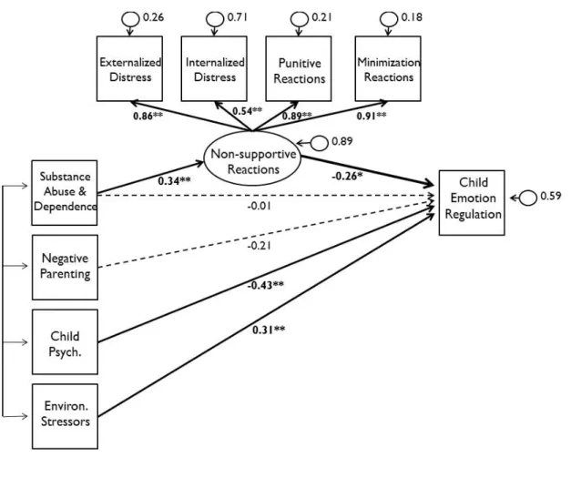Figure 6.  Final structural equation model testing the indirect of effect of maternal substance  abuse/dependence on child emotion regulation via non-supportive reactions