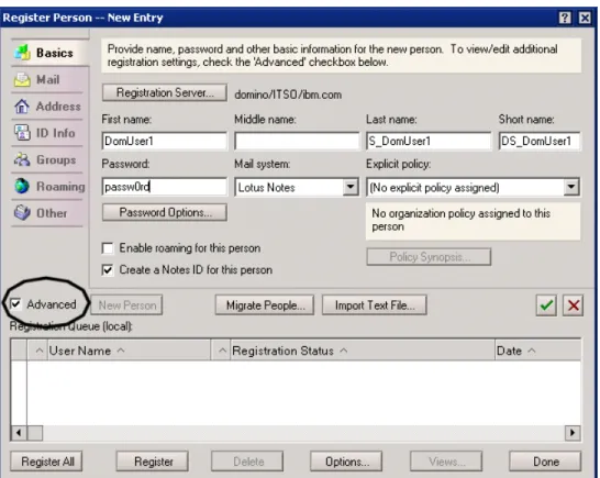 Figure 2-22   The Register Person window with Advanced options circled