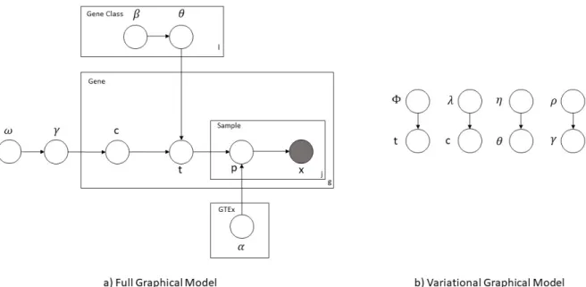 Figure 3.8: Graphical model representation of our proposed framework. Figure a) corresponds to the full model while Figure b) corresponds to the variational distribution.