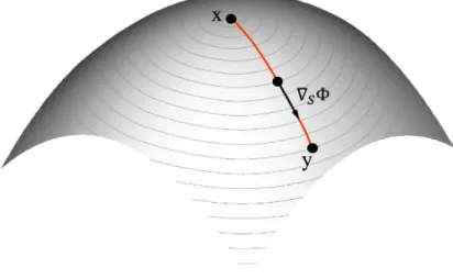 Figure 2.9: Illustration of geodesics and shortest path on a smooth surface.