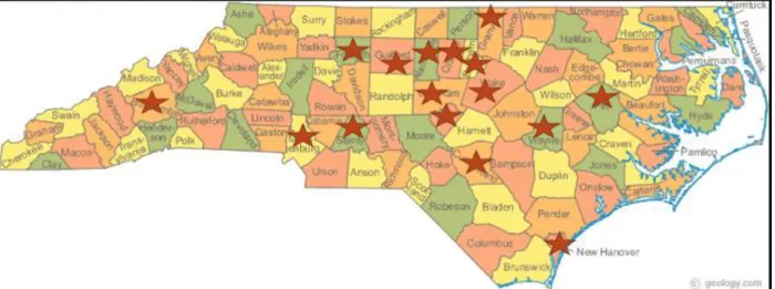 Figure 1. A geographical representation of study participants’ location of practice recorded as  county level