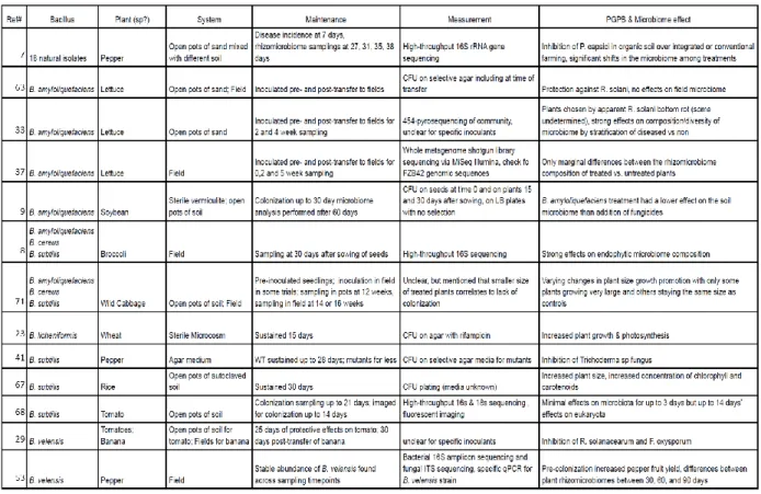Table 1.1. Select findings from studies on Bacillus spp. colonization and maintenance under  different experimental conditions