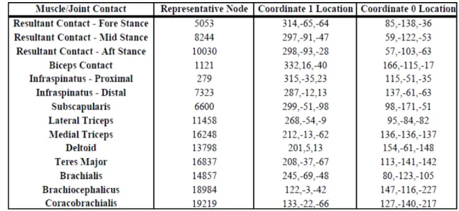 Table 5. Locations (mm) of muscle and contact forces for the humeral (Coordinate 1) and global  (Coordinate 0) coordinate systems