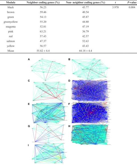 Table 1: Coding genes were the neighbor genes of lncRNAs in every modules
