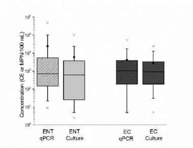 Figure 3.1. Box and whisker plots of enterococci (ENT) and E.coli (EC) (most probable  number (MPN)/100 ml or cell equivalents (CE)/100 ml) as determined by quantitative  PCR and culture analytical methods