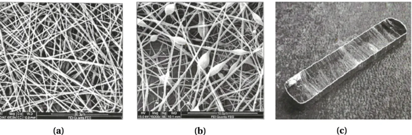 Figure 2: Scanning electron microscope images of (a) polyvinyl alcohol [PVA] nanofibers, (b) beading structural defects, and (c) an example of a collector drum modification to achieve fiber alignment [7].