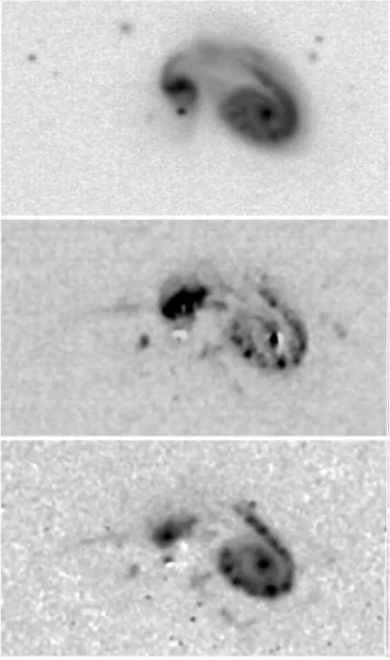 Figure  6.  The  NGC  5278/9  system  in  the  V  band  (top),  continuum- continuum-subtracted [O  III ] (middle), and continuum-subtracted Hα +[N  II ] (bottom)