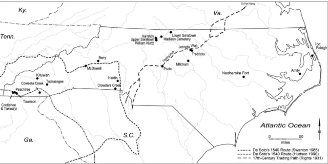 Figure 1. Map of Eno and Dan River sites, as well as the Indian Trading Path (RLA 2019) 