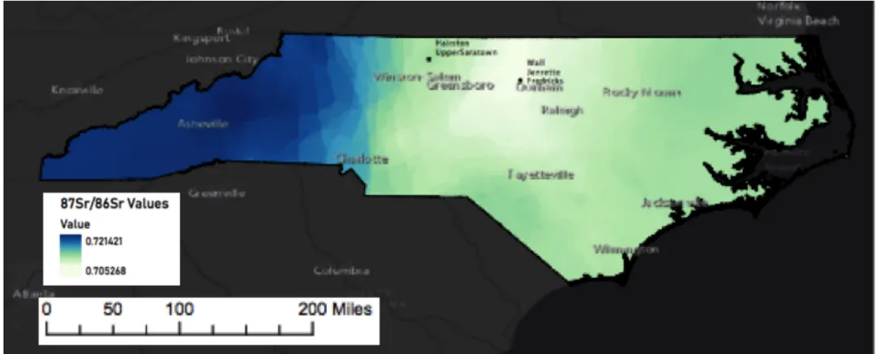 Figure 5. Approximate Sr isoscape of North Carolina based on values drawn from Cary 2018, Crenshaw 2019, and Watts et al