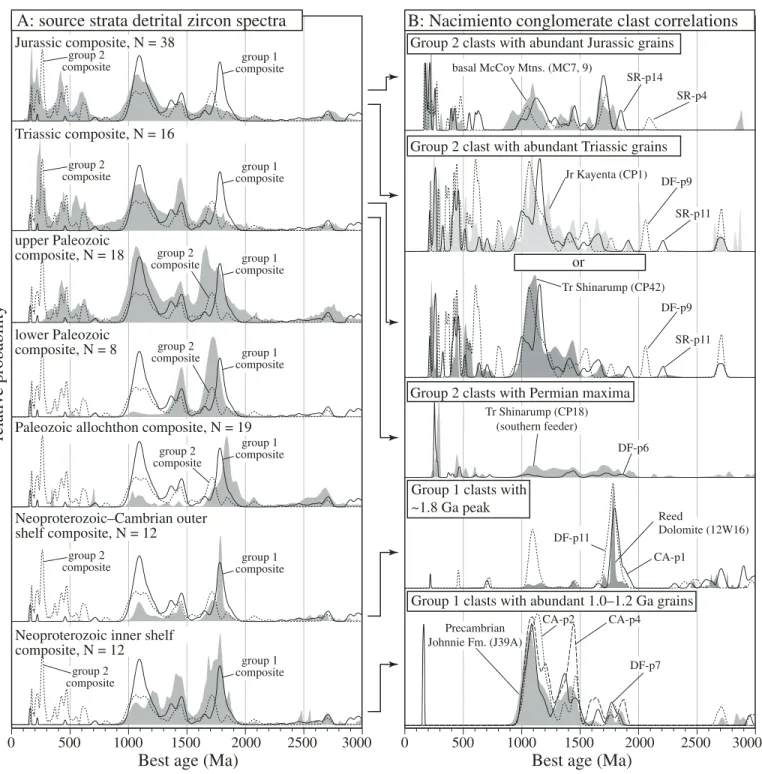 Figure 6. Comparisons of detrital zircon age spectra from Nacimiento forearc conglomerate clasts with spectra from potential source strata: 