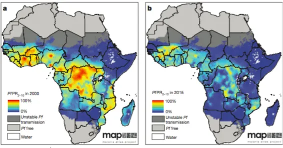 Figure 2.2: Estimated changes in malaria prevalence (as detected using RDTs) between 2000-2015  amongst children ages 2-10 16 