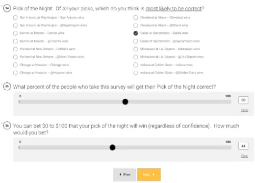 Figure 28: Example Static Survey Questions for Users Predictions of the Week Out of  Every Game 