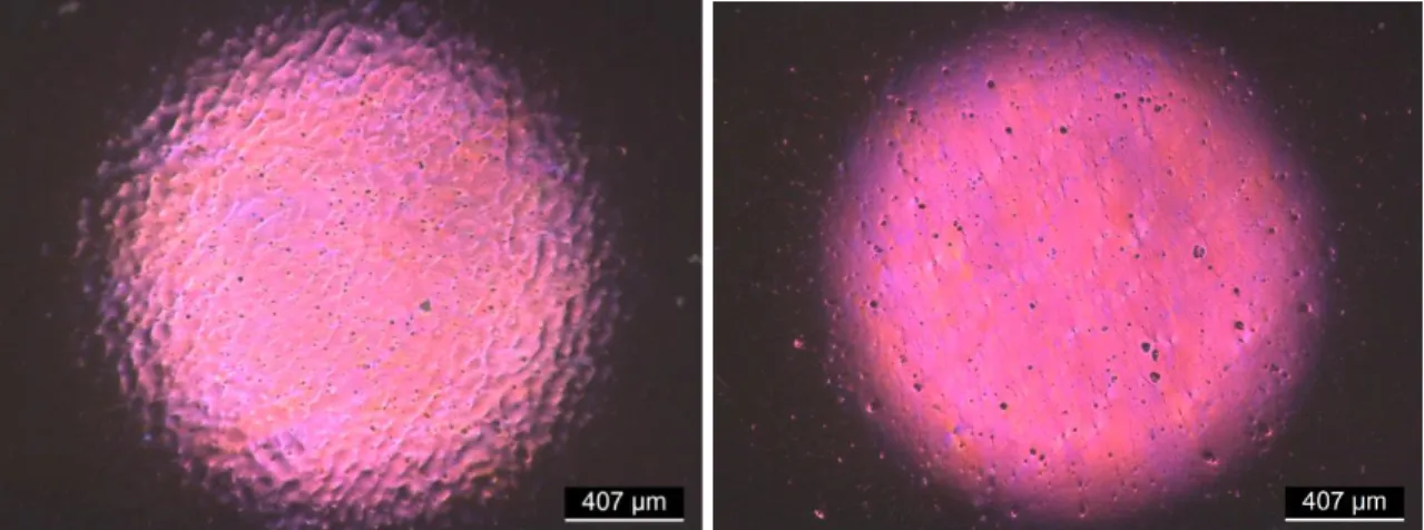 Figure 4. POM image of unfilled (left) and 1 wt.% Stellar 420 (right) OPV 50% NVW  PU films at 5x magnification 