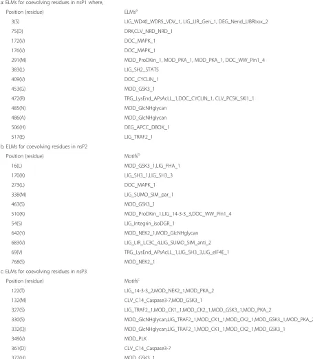 Table 5 The tables show the predicted ELMs for the coevolving residues along with the coevolving positions of amino acid residueof non-structural proteins of Chikungunya virus