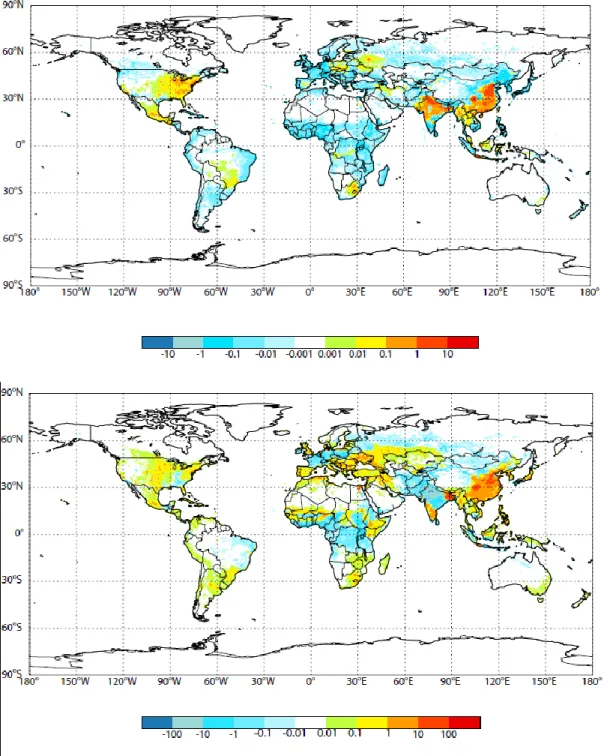 Figure 2.5 – Premature mortality attributable to past climate change (2000–Em2000Cl1850), in  deaths yr -1  (1000 km 2 ) -1 , for the multi-model mean in each grid cell, for (top) ozone (respiratory  mortality) for 9 models and (bottom) PM 2.5  (CPD + LC m