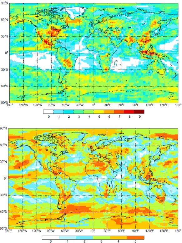 Figure 2.6 – The number of models that show a positive change in concentration in each grid cell  due to past climate change (2000–Em2000Cl1850), for (top) the 6-month ozone season average  of 1-hr