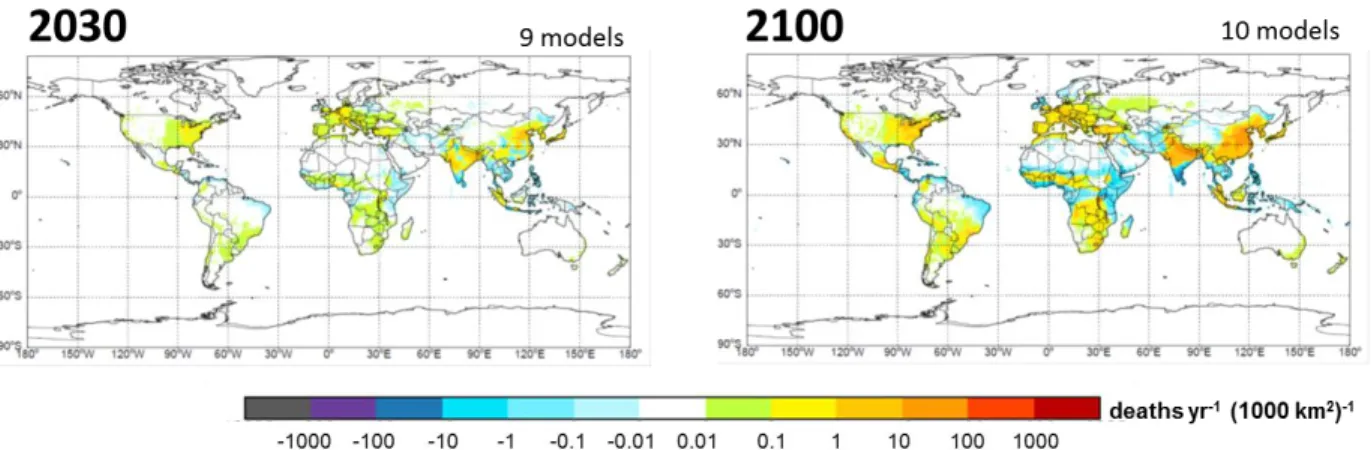 Figure 3.11 – Impact of climate change on ozone respiratory mortality in 2030 and 2100,  showing the multi-model average in each grid cell