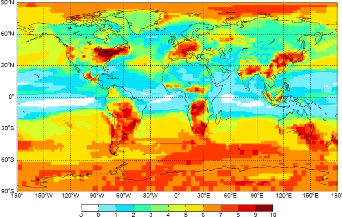 Figure 3.13 - Number of models with positive change in ozone concentrations due to climate  change in RCP8.5 in 2100 relative to 2000