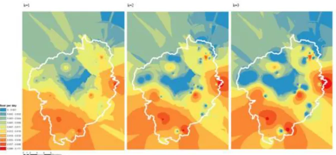 Figure 4.2. IDW interpolated boar density by k-value.