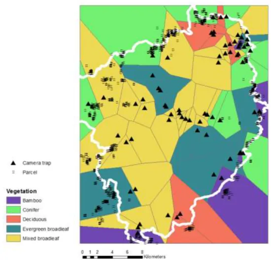 Figure 4.3. Map of study site, camera traps, parcels, and vegetation types. 