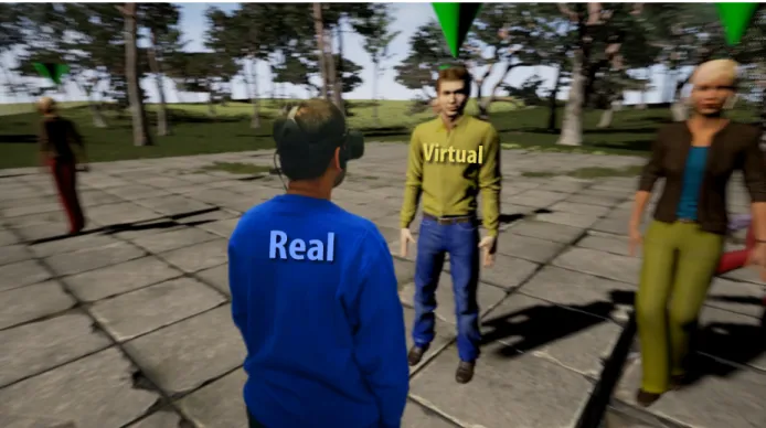 Figure 1.8: We address the problem of computing the movements or trajectories to enable F2F interactions between a real user and a virtual agent who is part of a virtual crowd.