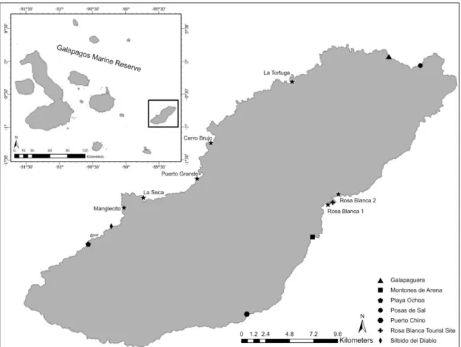 Fig. 1: Map of the lower Galapagos Archipelago, not including the northern islands  of Darwin and Wolf